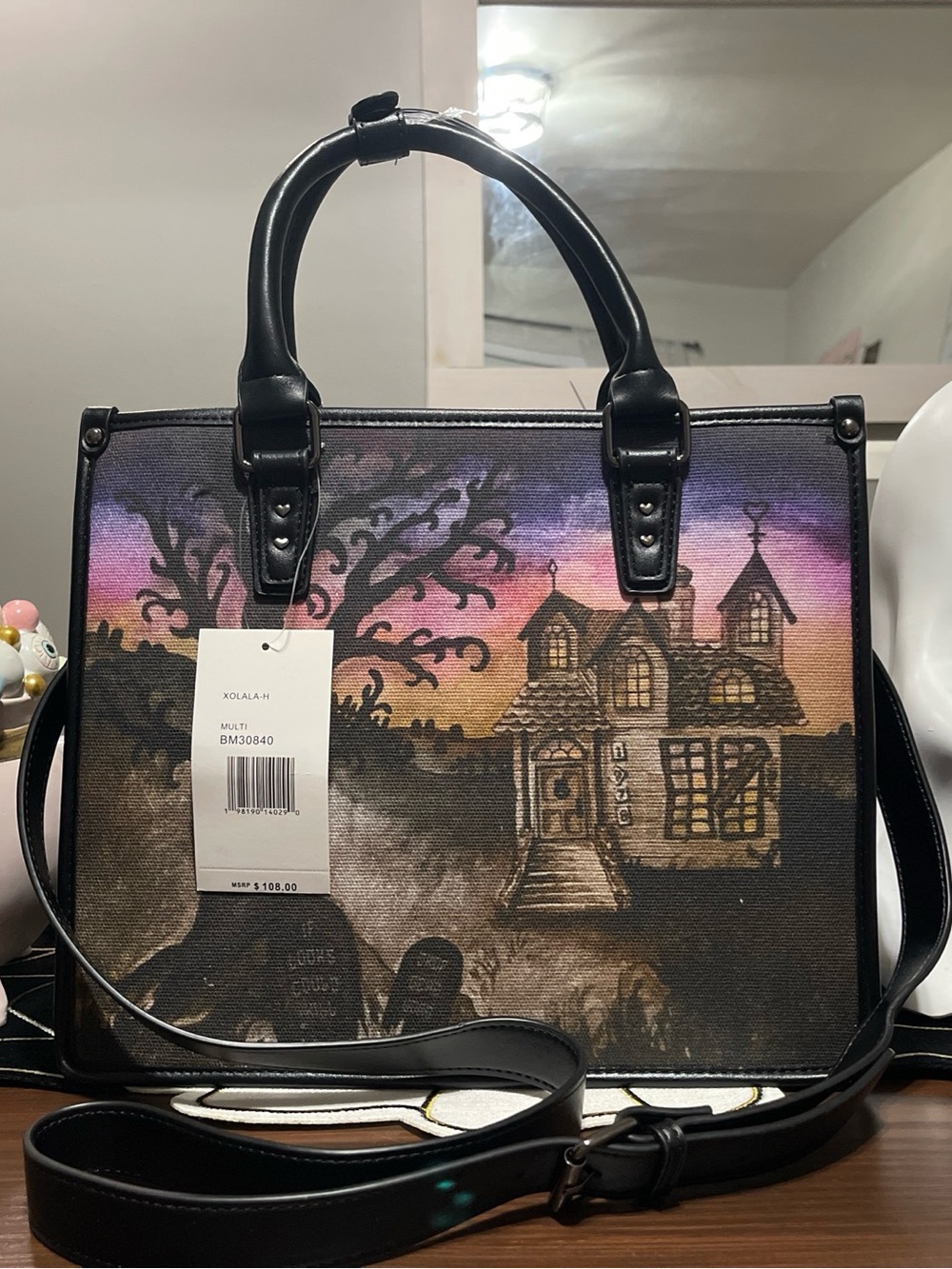 Betsey Johnson Black Haunted House Tote with Bat Charm - Picture 2 of 7